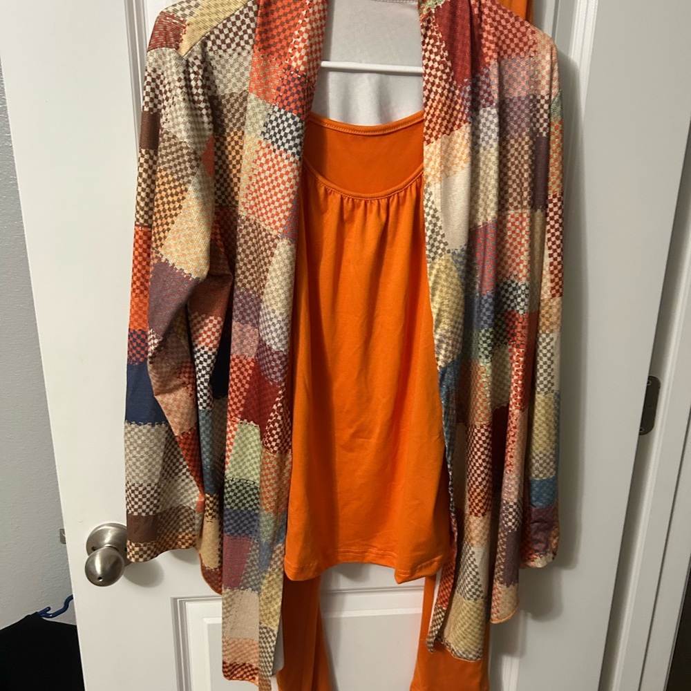 Colorful Patchwork Cardigan with Orange Top and Pants
